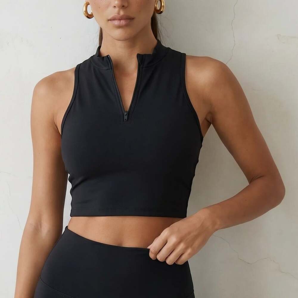 NEW WRE Classic Zip Front Cropped Tank Top Built In Bra Black Women's Large